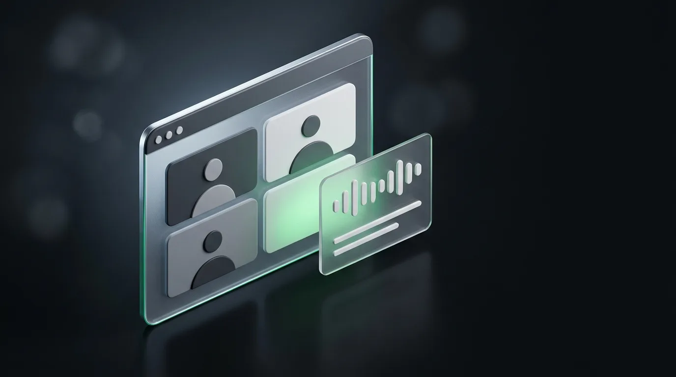 Isometric illustration of a desktop AI assistant listening alongside a Zoom call without joining it