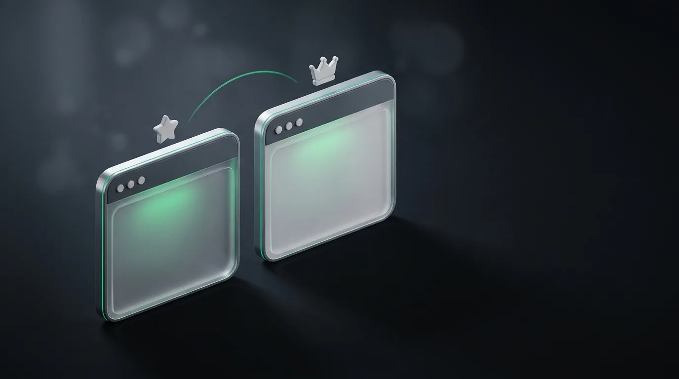 Isometric illustration of a stylized two-tier comparison: a free tier panel and a paid tier panel side by side