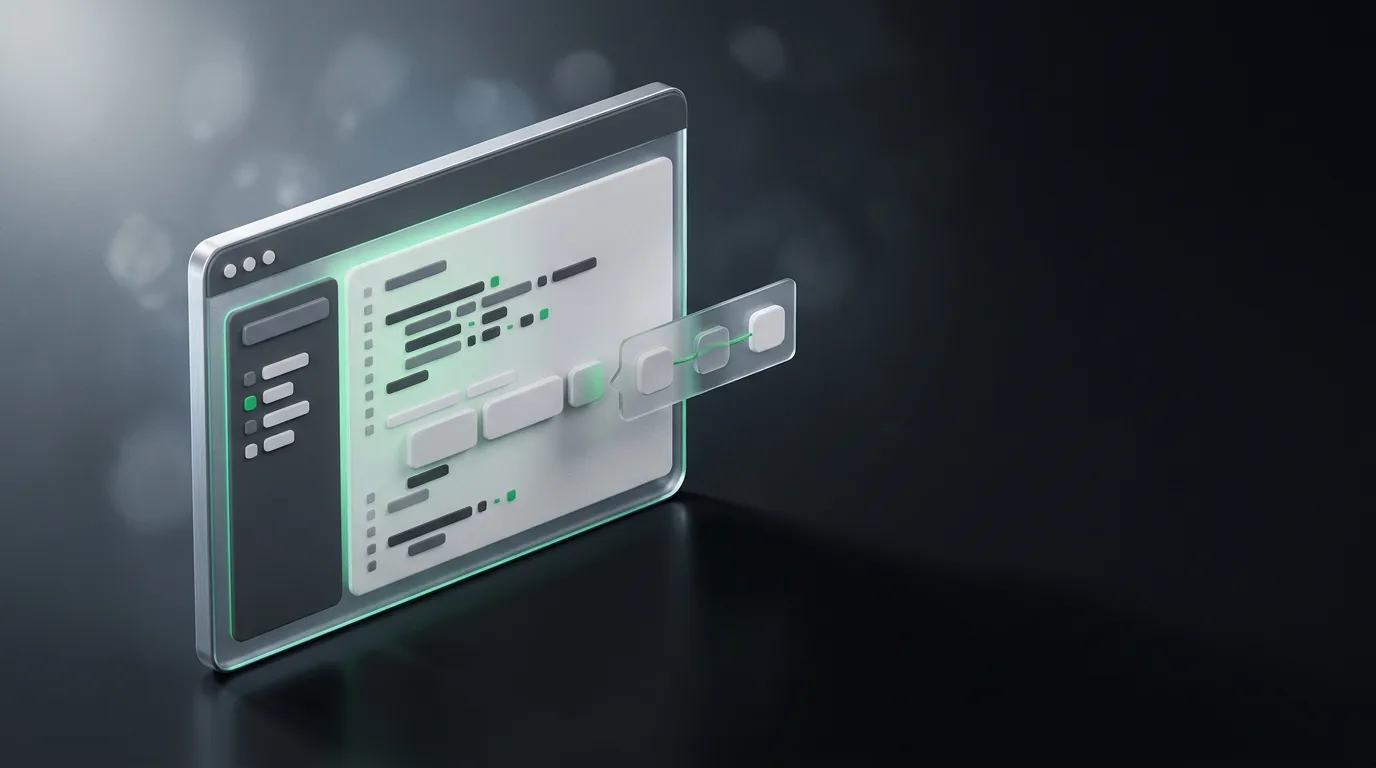 Isometric illustration of an editor with abstract code and a small floating AI hint panel providing structured guidance, in Haggle brand green