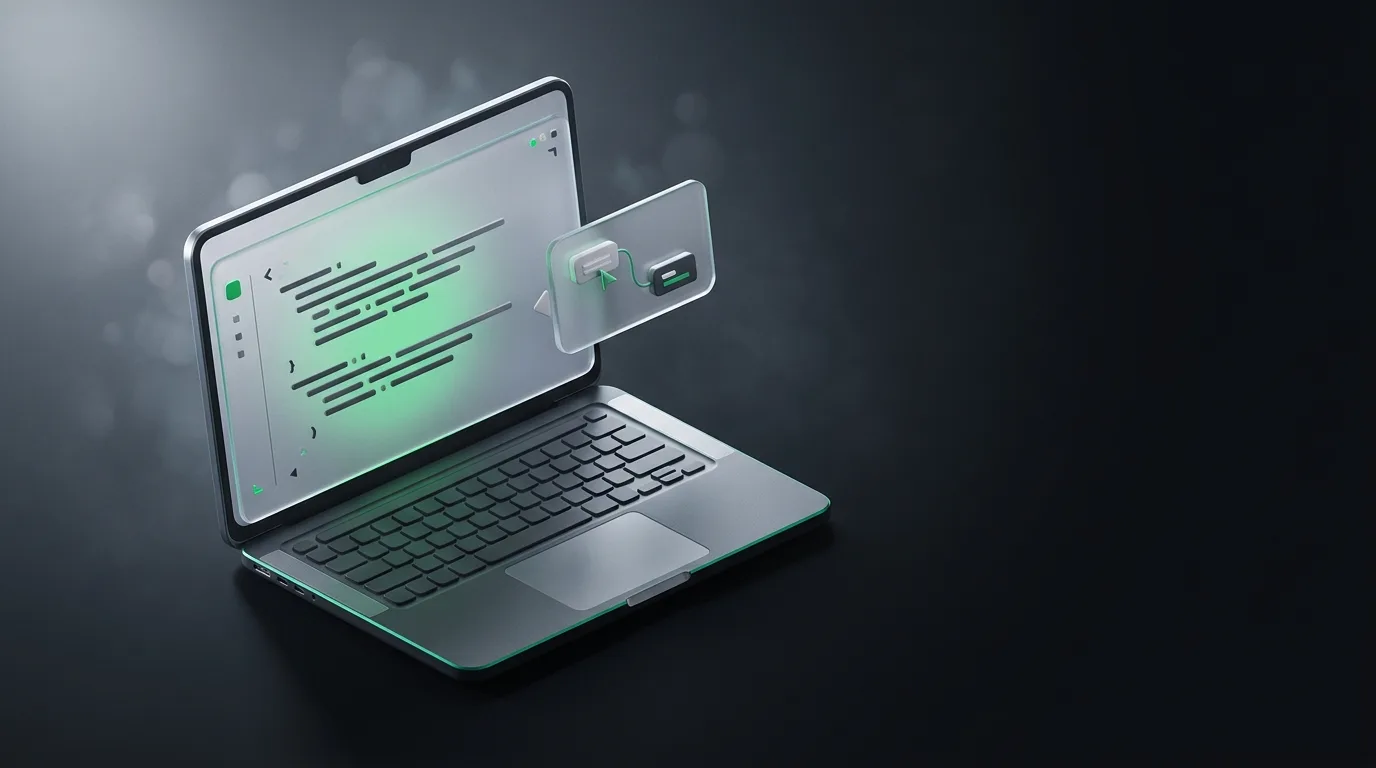 Isometric illustration of a laptop with code on screen and a small coaching overlay floating beside it, in Haggle brand green