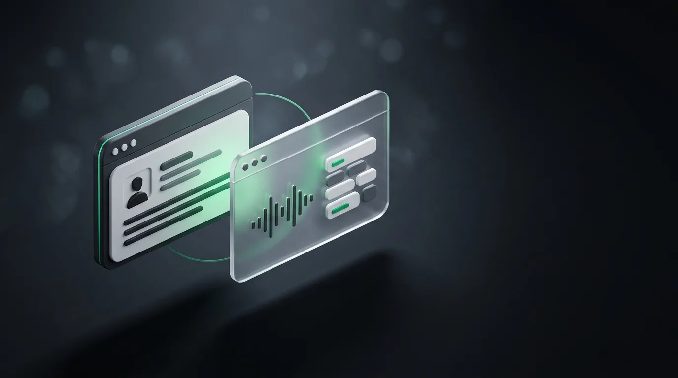 Isometric illustration showing a structured human-style coaching panel and an AI-style assistant panel side by side, in Haggle brand green