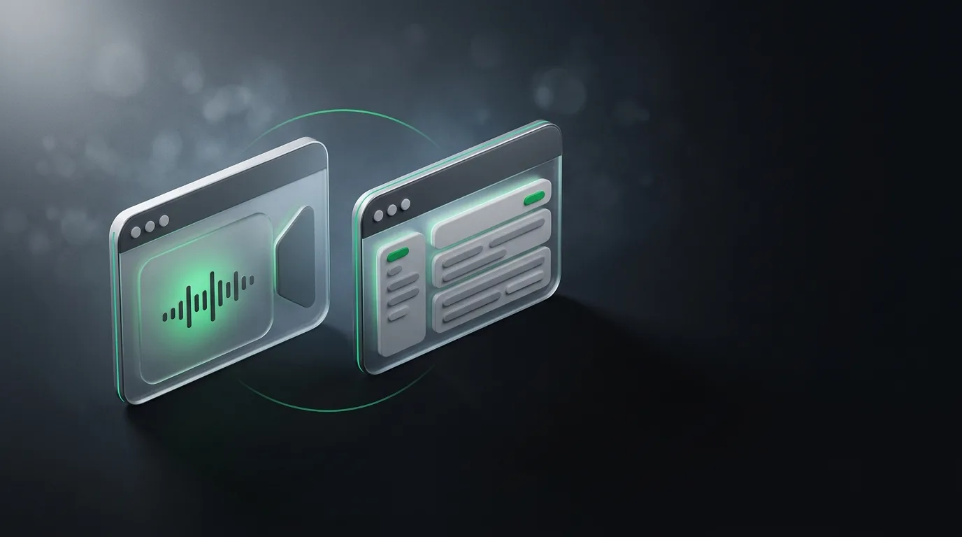 Isometric illustration of two adjacent abstract panels: one shaped like a call interface, the other like a productivity app, in Haggle brand green