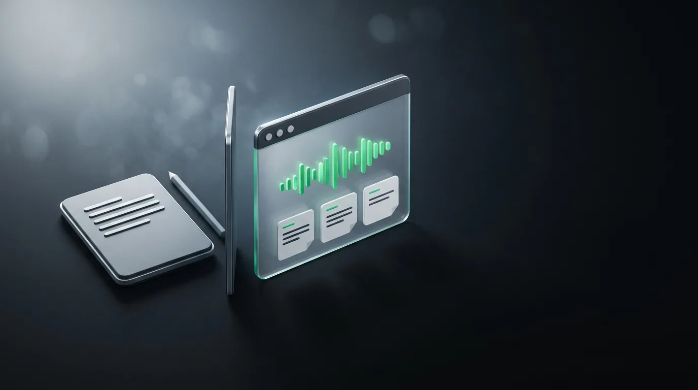 Isometric illustration of a stylized split comparison between an AI meeting window and a hand-written notepad