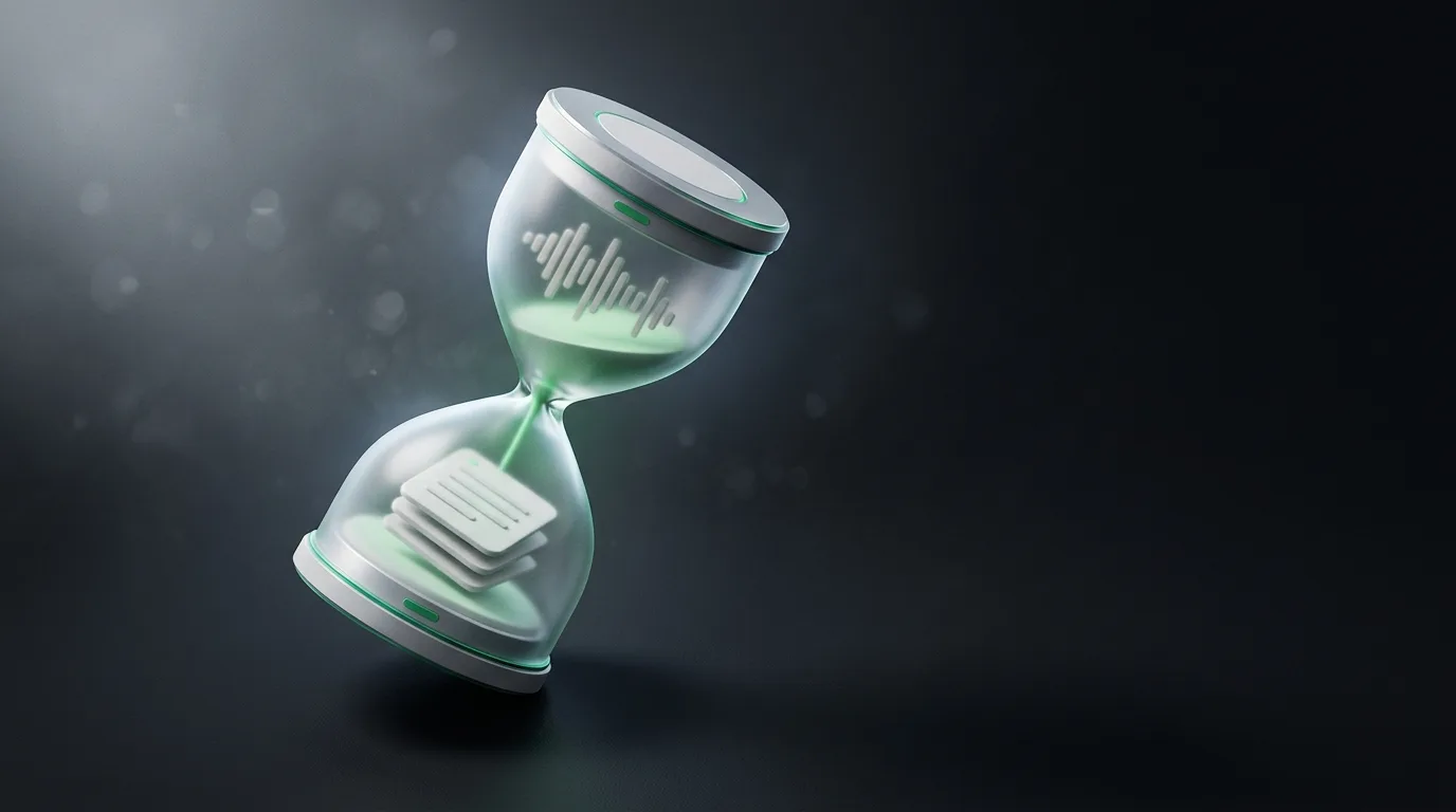 Isometric illustration of an hourglass with soundwave and note-card flow saving time, in Haggle brand green on charcoal