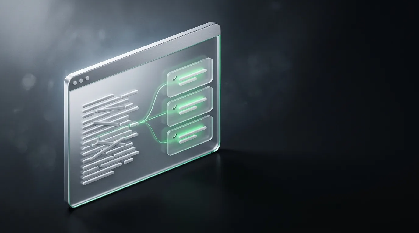 Isometric illustration of messy conversation turning into tidy action-item cards with checkmarks, in Haggle brand green on charcoal