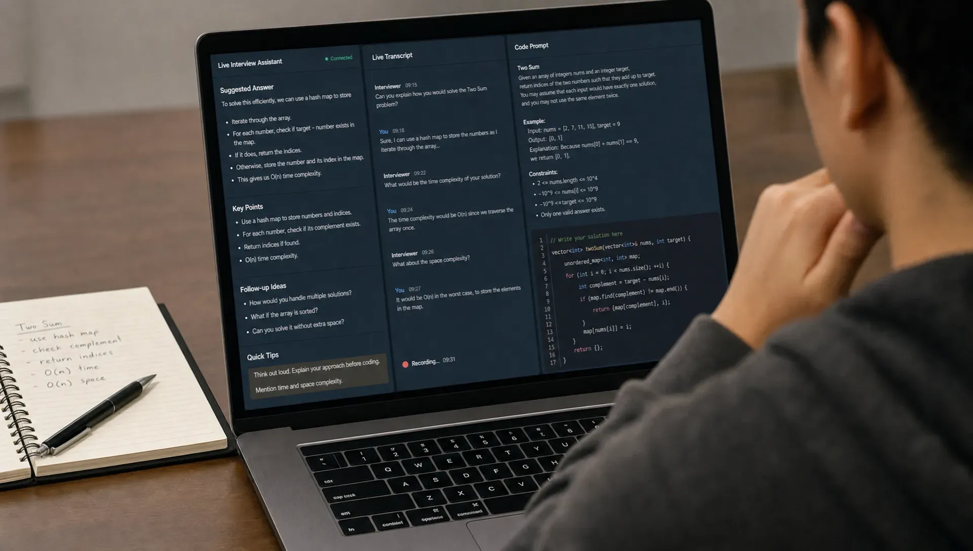 A laptop screen showing a live interview assistant panel with suggested answers, key points, and a code prompt side by side with a transcript