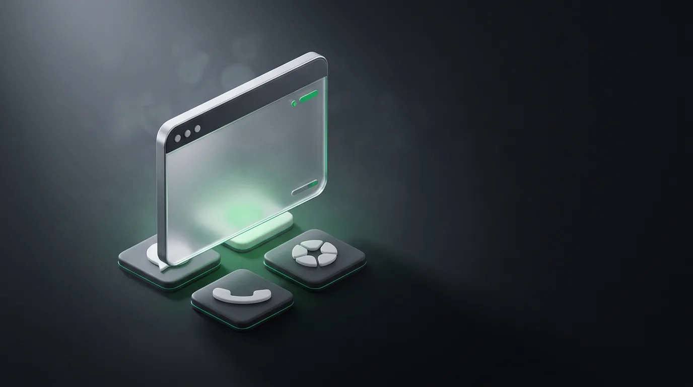 Isometric illustration of an AI meeting panel floating above abstract call-tile motifs, in Haggle brand green