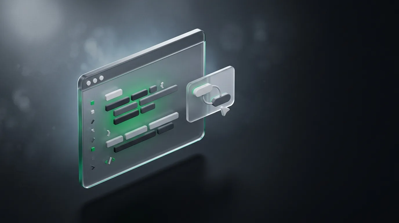 Isometric illustration of a floating code editor panel with structured thinking blocks, in Haggle brand green on charcoal