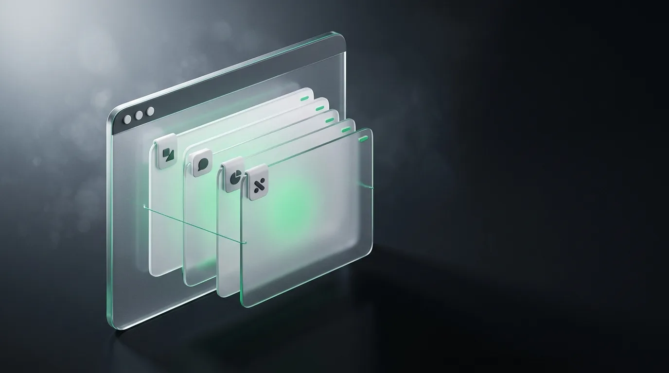 Isometric illustration of structured professional note cards with category tags, in Haggle brand green on charcoal