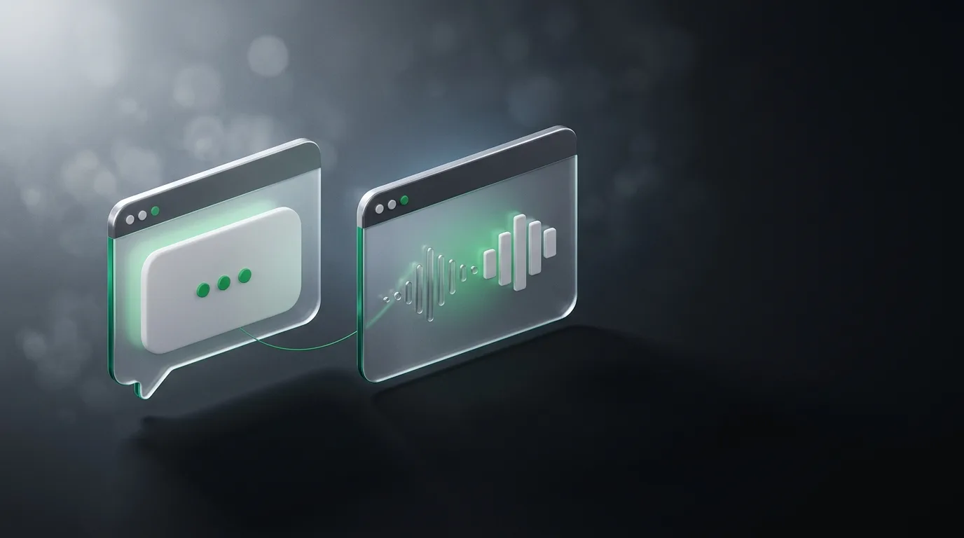 Isometric illustration showing a generic chat interface on one side and a meeting-capable assistant panel on the other, in Haggle brand green