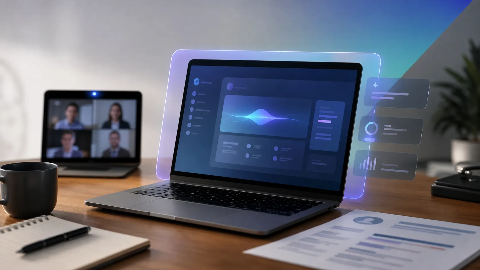 A laptop on a wooden desk showing an AI assistant panel during a video call, with analytics-style cards floating beside it