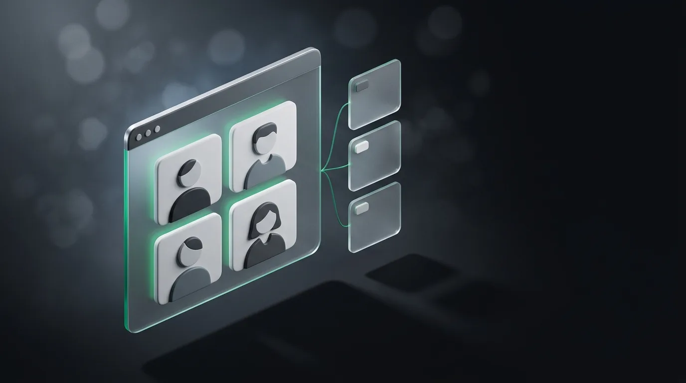Isometric illustration of a stylized team meeting window with shared note cards