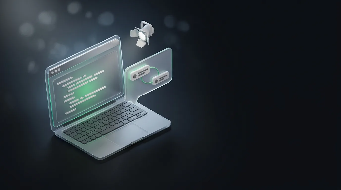 Isometric illustration of a stylized interview setup with a laptop and a floating AI coaching panel
