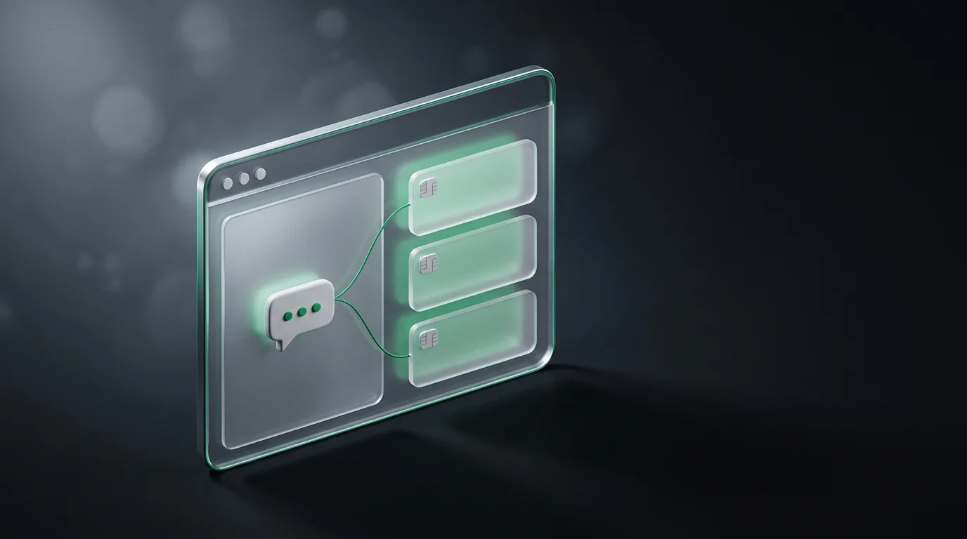 Isometric illustration of a stylized question-and-answer window with abstract ceramic chat bubbles