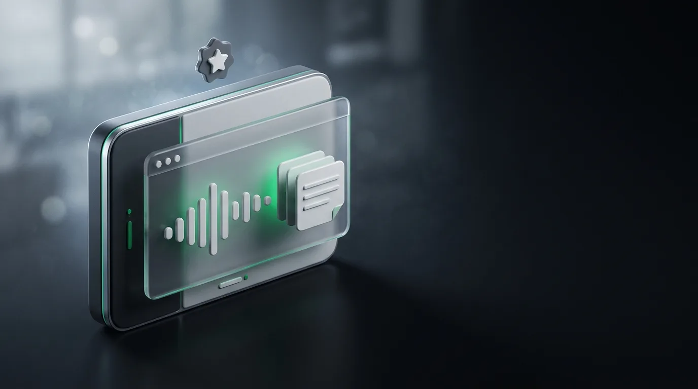 Isometric illustration of a meeting app panel on a device with soundwave-to-notes flow, in Haggle brand green