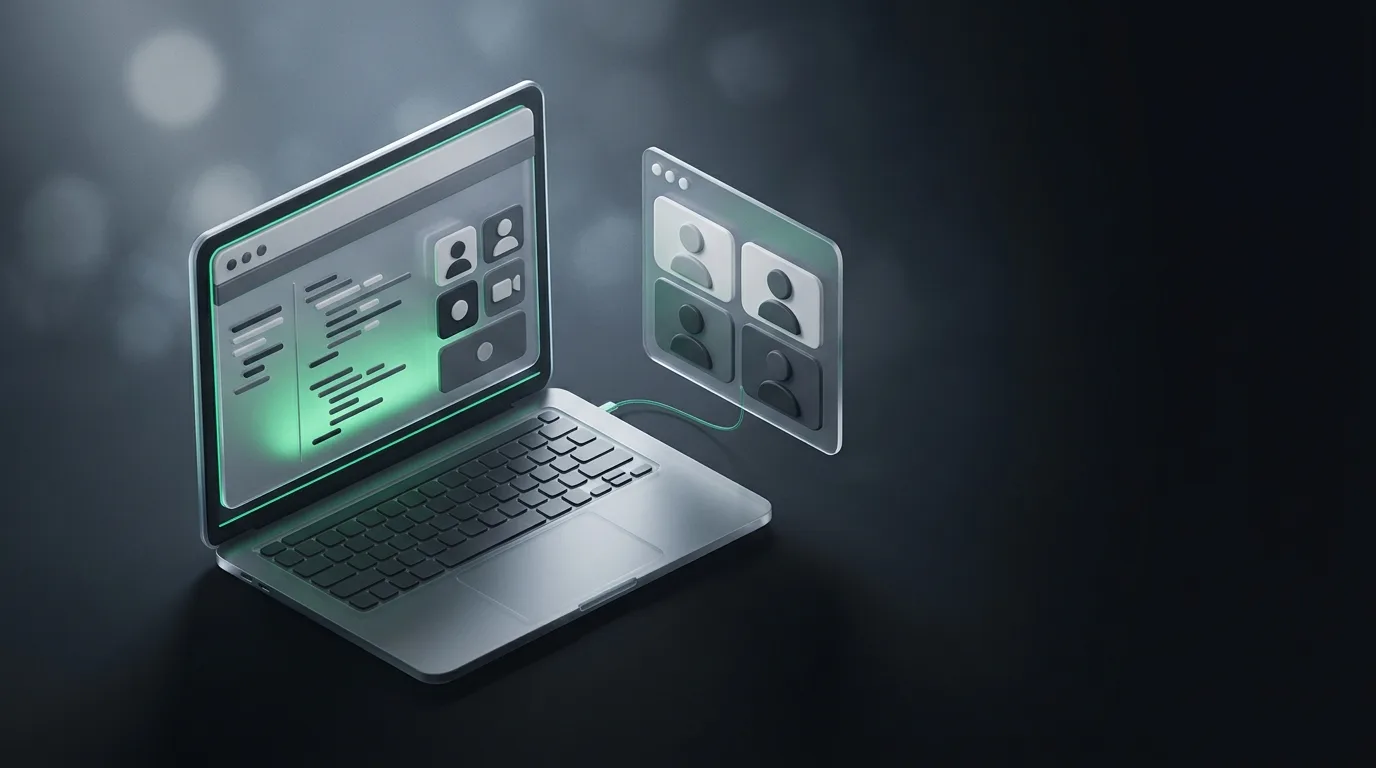 Isometric illustration of a stylized remote-worker setup with a laptop and a floating AI panel