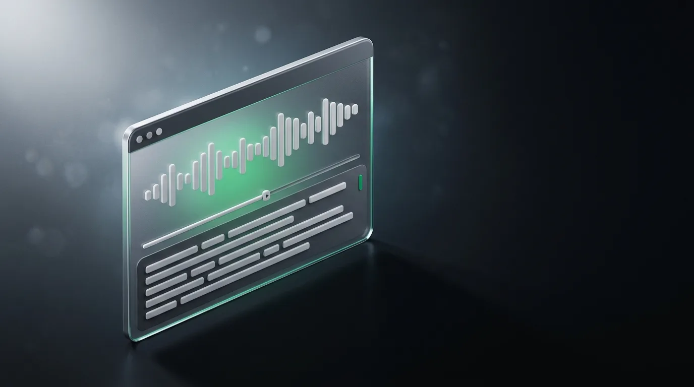 Isometric illustration of live speech being converted into clean transcript in real time, in Haggle brand green