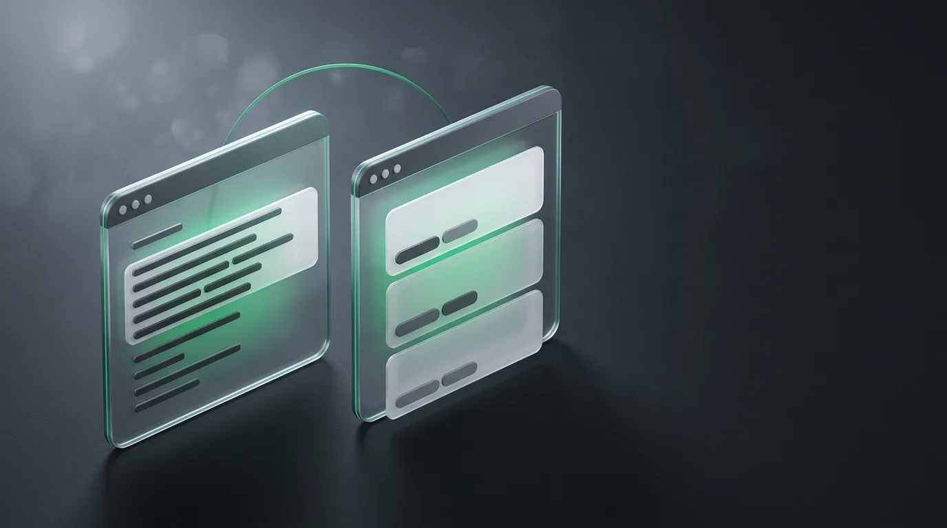 Isometric illustration of a stylized comparison between a live transcription window and an AI notes app window