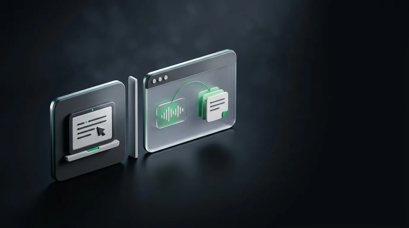 Isometric illustration of a split view: a person typing notes on one side versus a desktop AI panel helping live on the other, in Haggle brand green