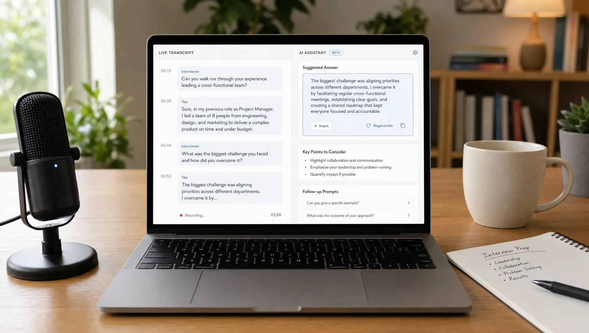 A remote interview desk with a laptop facing the camera, a notebook, a microphone, and an AI assistant panel showing concise answer suggestions beside a live transcript